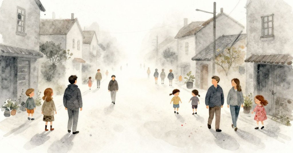 Townspeople walking in a foggy street, expressionless - watercolor illustration