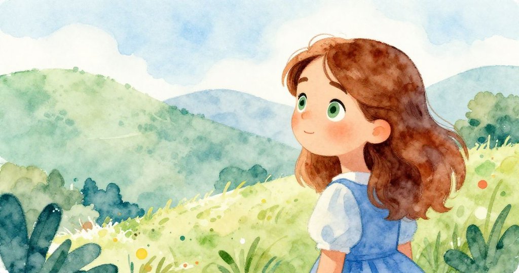 Close-up of Elara longing for change against a distant hill - watercolor illustration