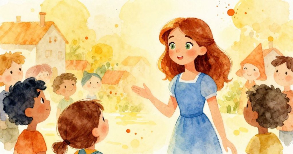 Elara passionately addressing townspeople during a community gathering - vibrant watercolor illustration