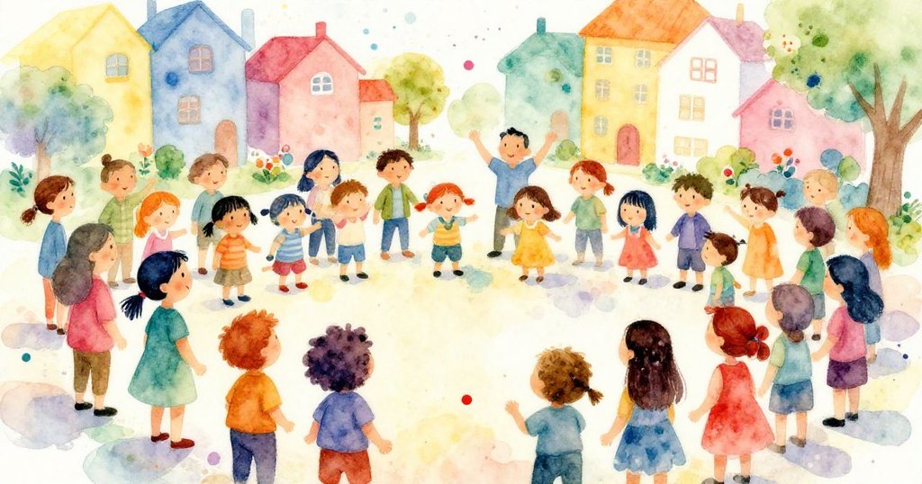 Townspeople celebrating and engaging happily during a community event - vibrant watercolor illustration