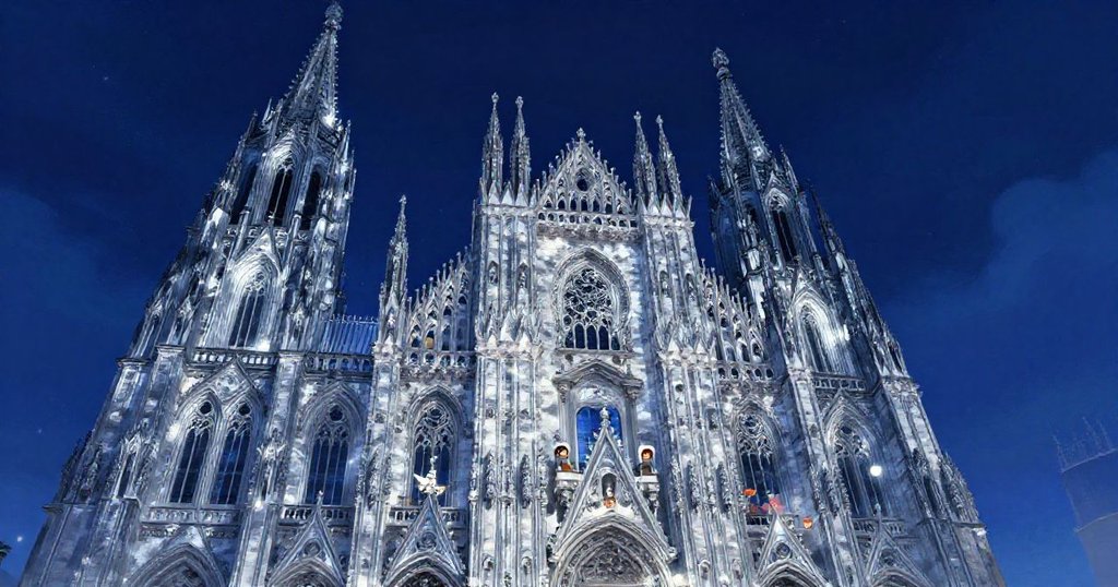 Gothic cathedral towering against the night sky - wide low-angle view