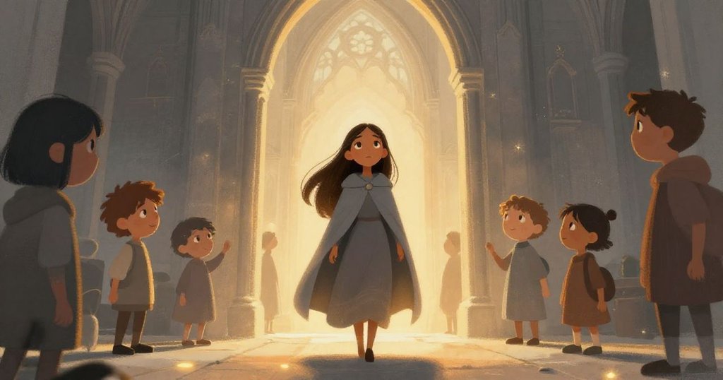 Elara stepping into the gothic cathedral - mid shot illustration