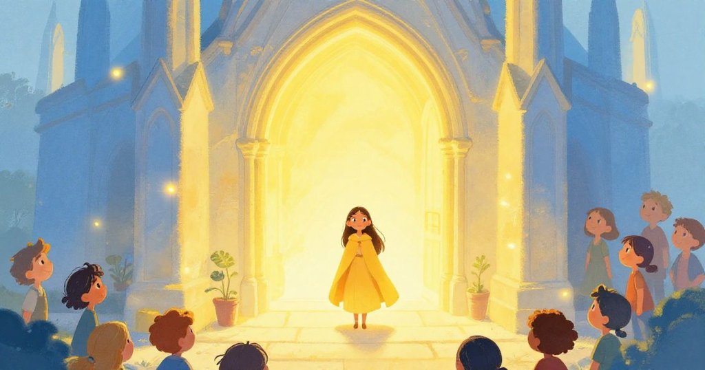 Elara standing confidently at cathedral entrance - wide high-angle view