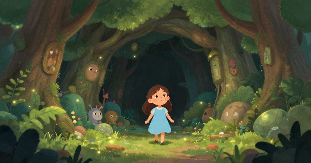 Young girl approaching enchanted grotto in ancient forest - wide shot illustration