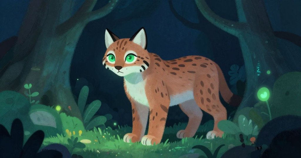Lynx emerging from shadows with glowing eyes - mid shot illustration