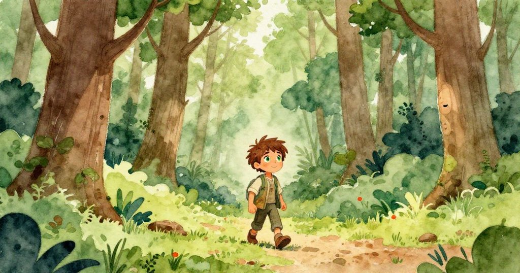 Elias wandering through a vast wilderness with tall trees