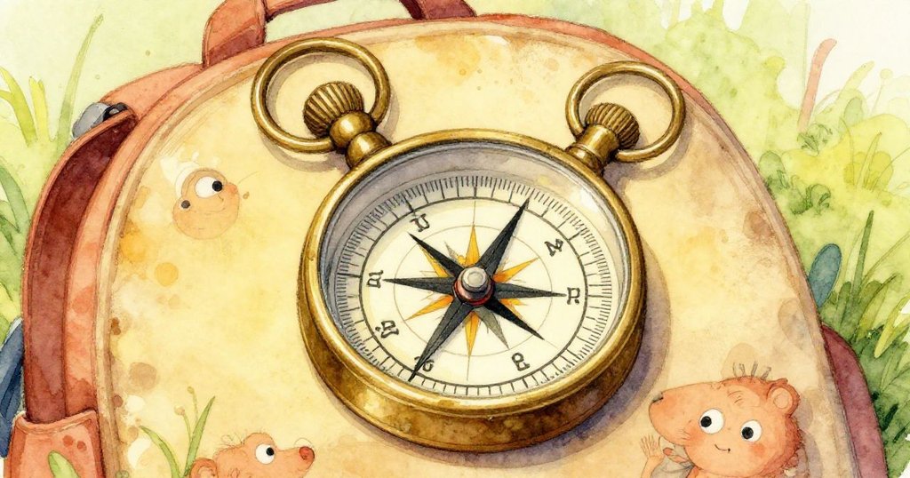 Close-up of Elias's compass resting on his backpack