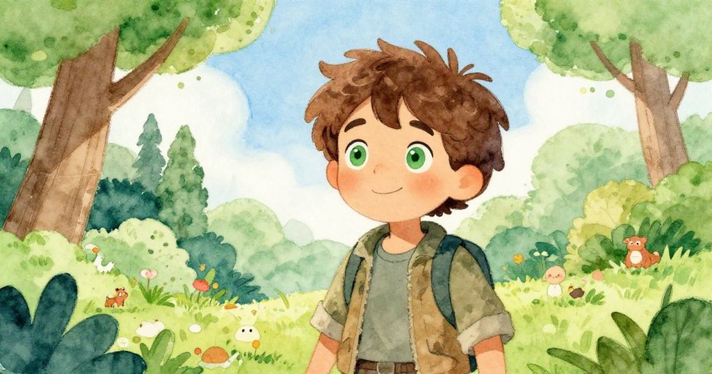 Elias exploring nature, surrounded by chirping birds and greenery