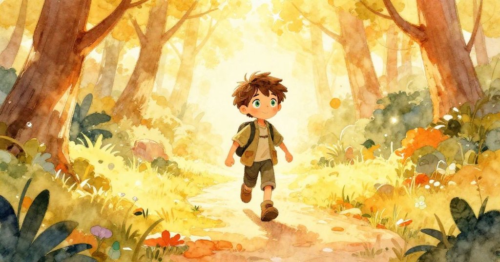Elias stepping onto a sunlit path in the forest