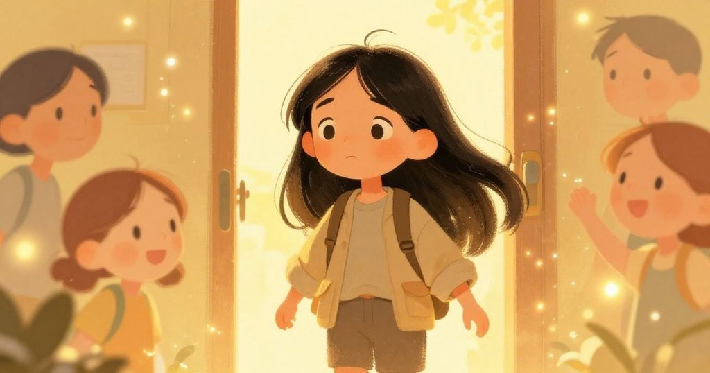 Mei entering the shimmering village of Luminara, full of hope.