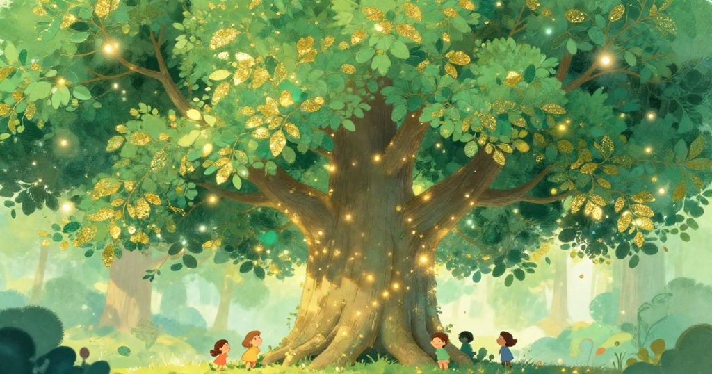 Close-up of a Grand Tree with shimmering leaves in Luminara.