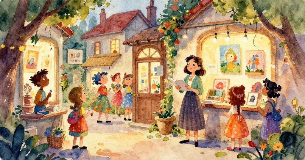 Charming gallery exterior bustling with visitors - whimsical watercolor illustration