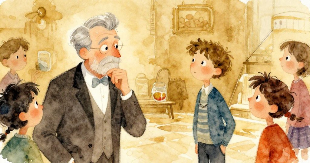 Art critic engaged in conversation about the painting - whimsical watercolor illustration