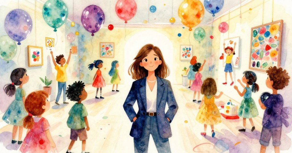 Elena observing guests marveling at vibrant exhibition - whimsical watercolor illustration