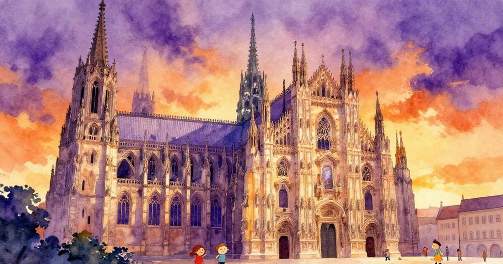 Gothic cathedral rising majestically against sunset - wide watercolor illustration