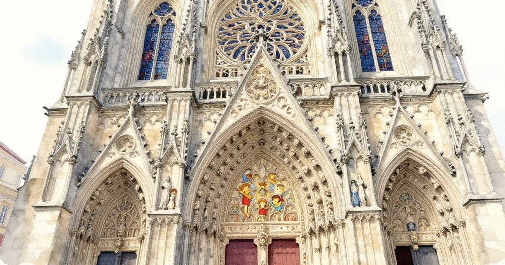 Intricate stone carvings of gothic cathedral facade - close-up watercolor illustration