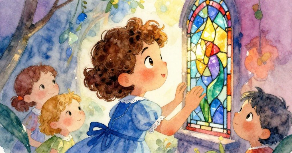 Child awed by colorful stained glass in cathedral - mid watercolor illustration