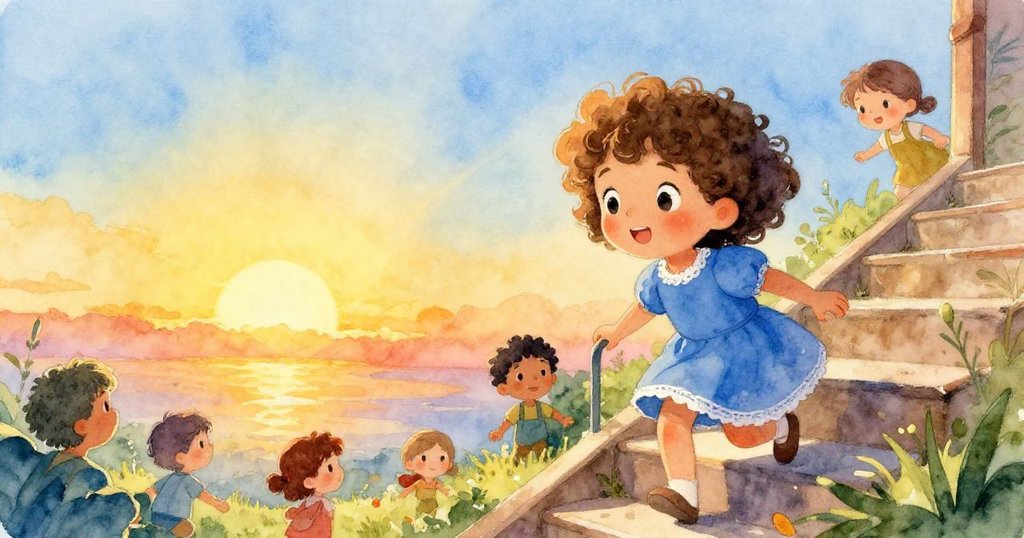 Child climbing spiral staircase with city view - wide watercolor illustration