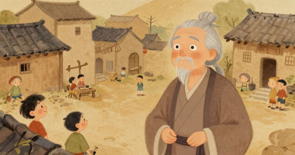 Elder Liu in a quaint village setting with rolling hills.