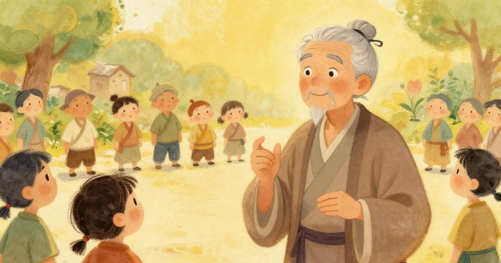 Elder Liu addressing villagers in the square, calm and inviting.