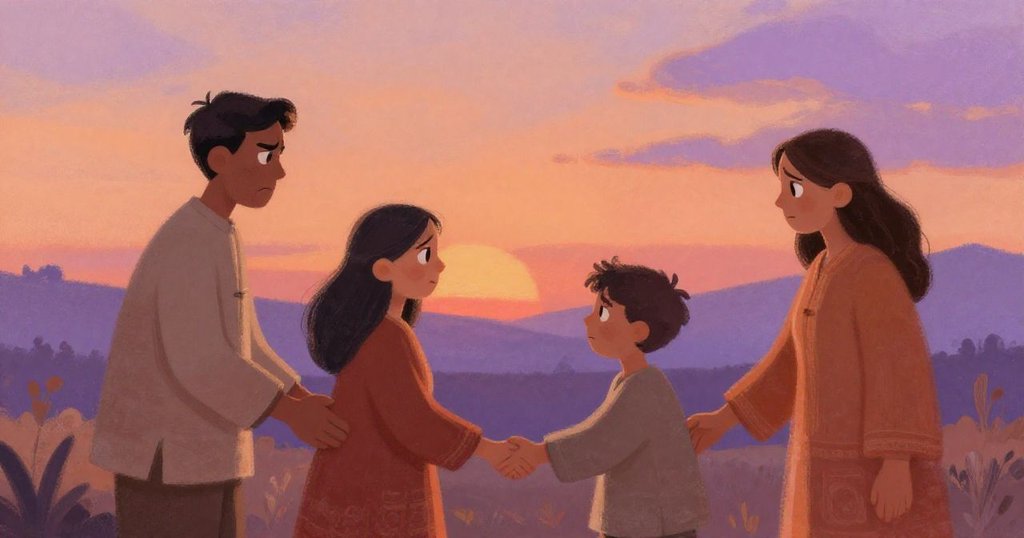 Families shaking hands at sunset, symbolizing renewed bonds in the village.