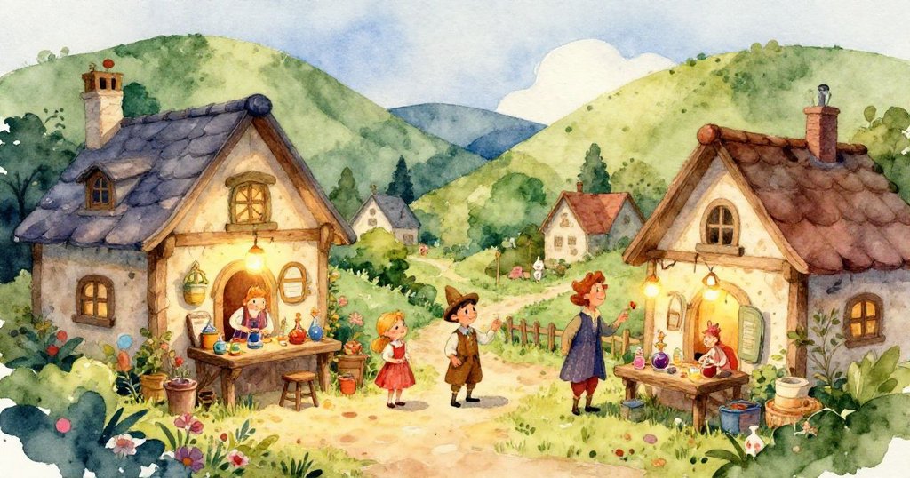 Whimsical Workshop in a vibrant village surrounded by emerald hills