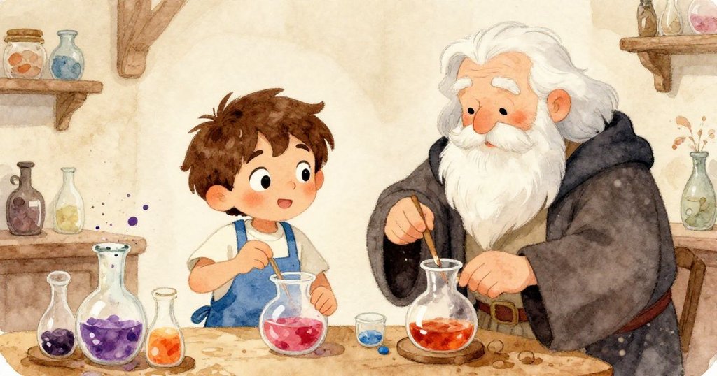 Leo and Master Eldrin blending potions in a cozy workshop