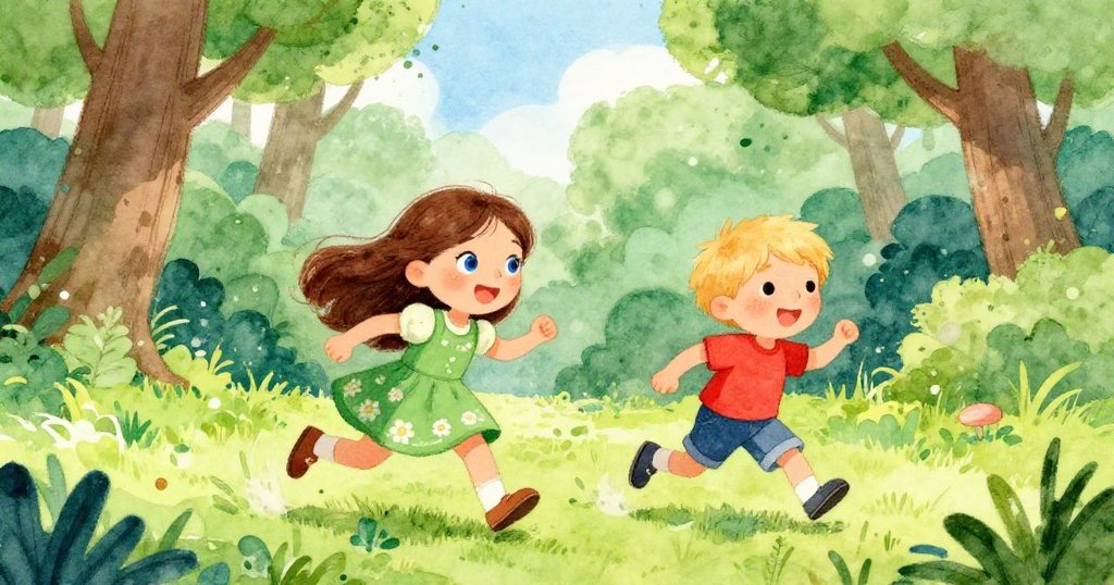 Lily and Tom joyfully exploring the vibrant forest together.