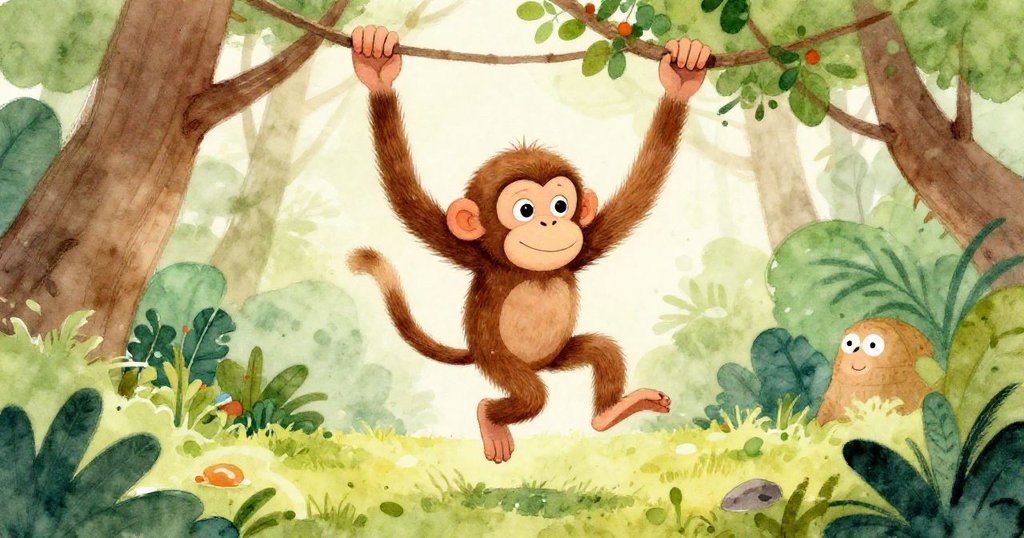 Curious monkey swinging in wildlife sanctuary - vibrant watercolor illustration