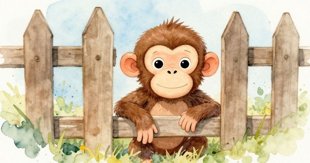 Monkey gazing through fence towards forest - calm mid shot illustration