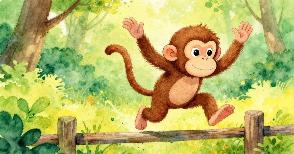 Monkey leaping through fence into vibrant forest - dynamic close-up illustration