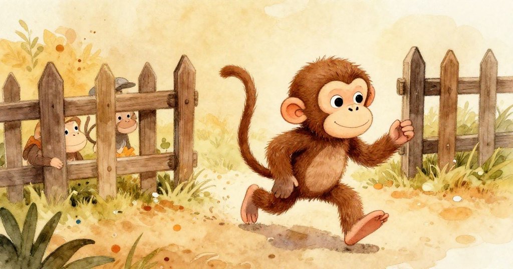 Monkey returning to enclosure with newfound wisdom - cozy wide shot illustration