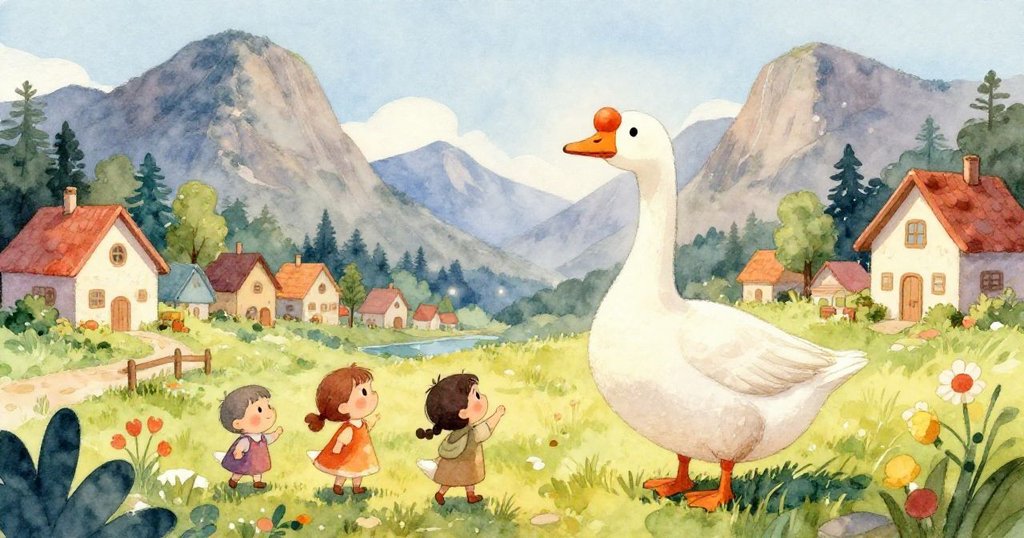 Tranquil village nestled between mountains in spring - whimsical watercolor illustration