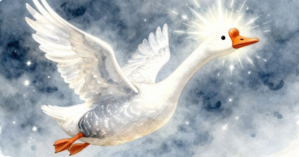Magical goose soaring with radiant plume illuminating the stormy sky - close-up illustration