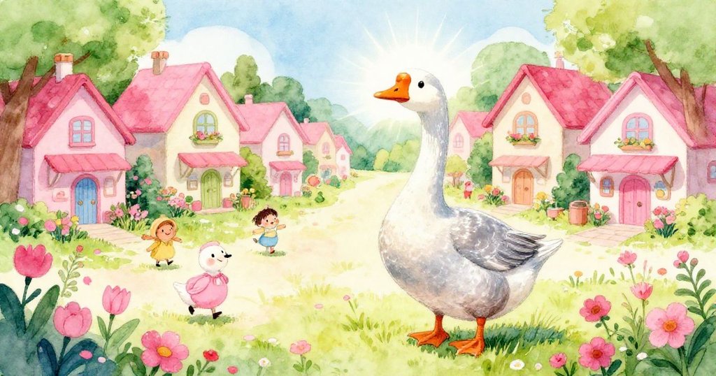 Goose landing in village square, spreading wings over vibrant flowers - joyful illustration