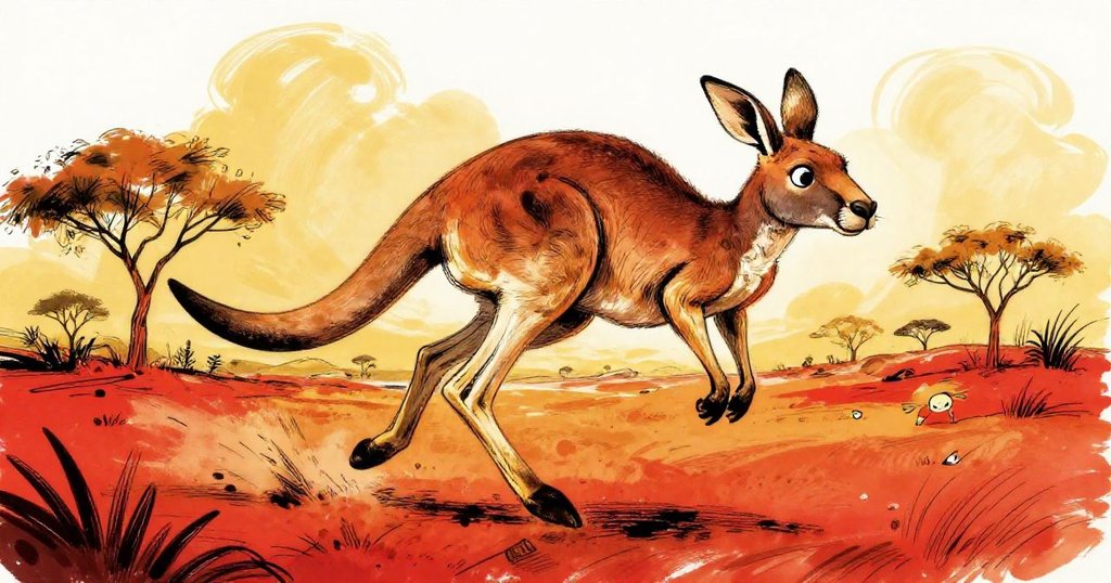 Kira the kangaroo leaping across the outback under a bright sky.