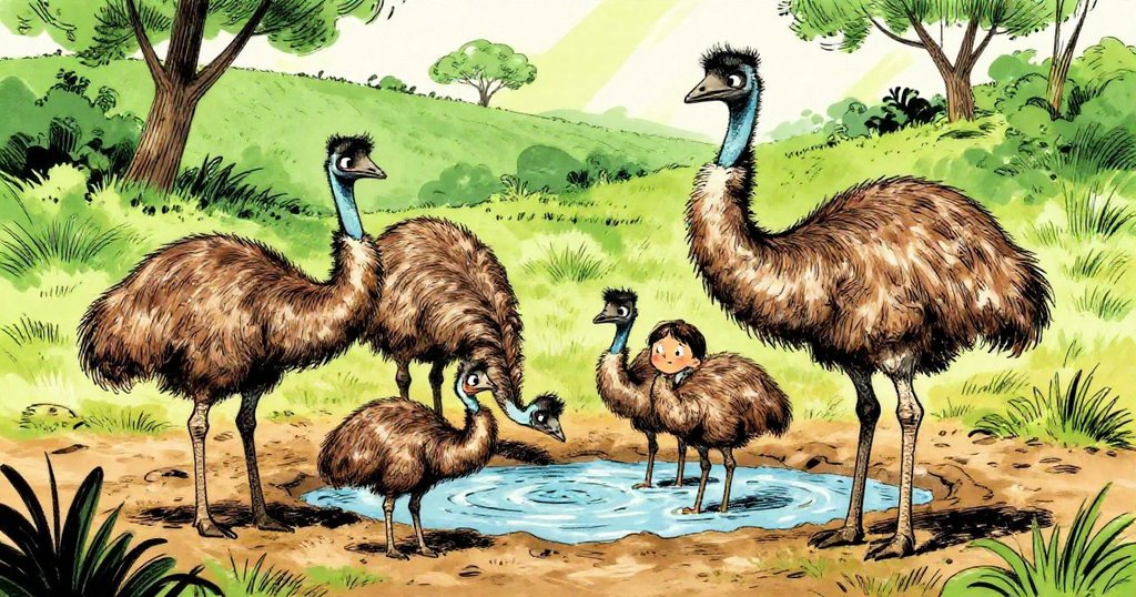 Kira meeting a family of emus at a hidden watering hole.