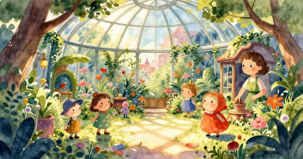 Vibrant Glass Roof Garden with sunlight streaming through - wide whimsical illustration