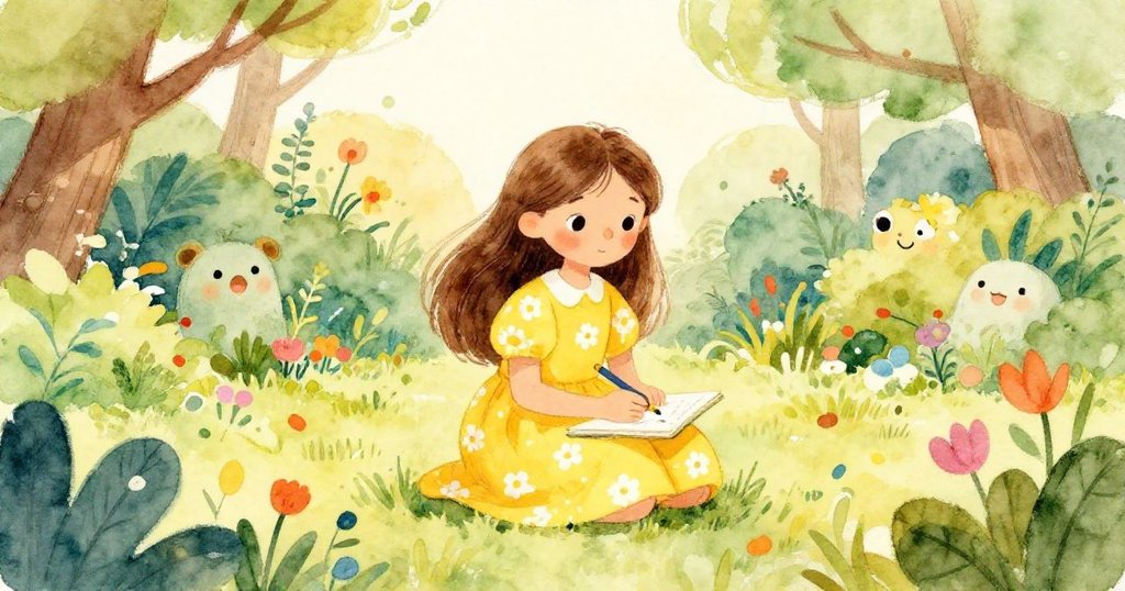 Emma sketching in the vibrant garden - cozy mid shot illustration