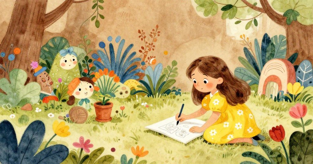 Emma documenting her garden experiences with sketches - warm wide shot illustration