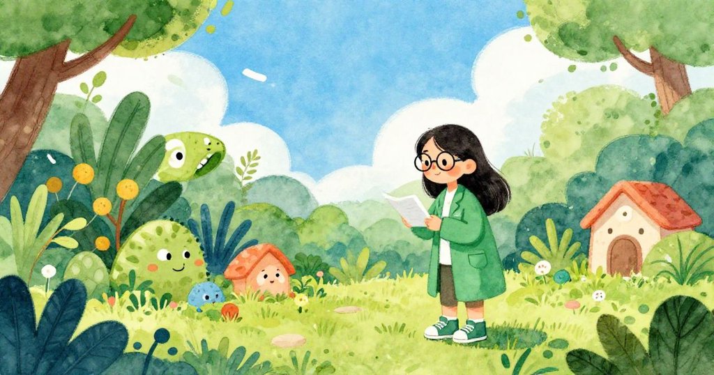 Mei studying local ecosystem in a vibrant garden - whimsical watercolor illustration