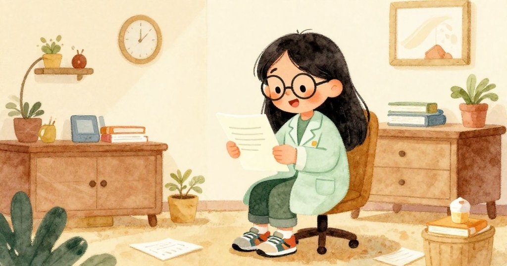 Mei joyfully reading her conference application - warm whimsical illustration