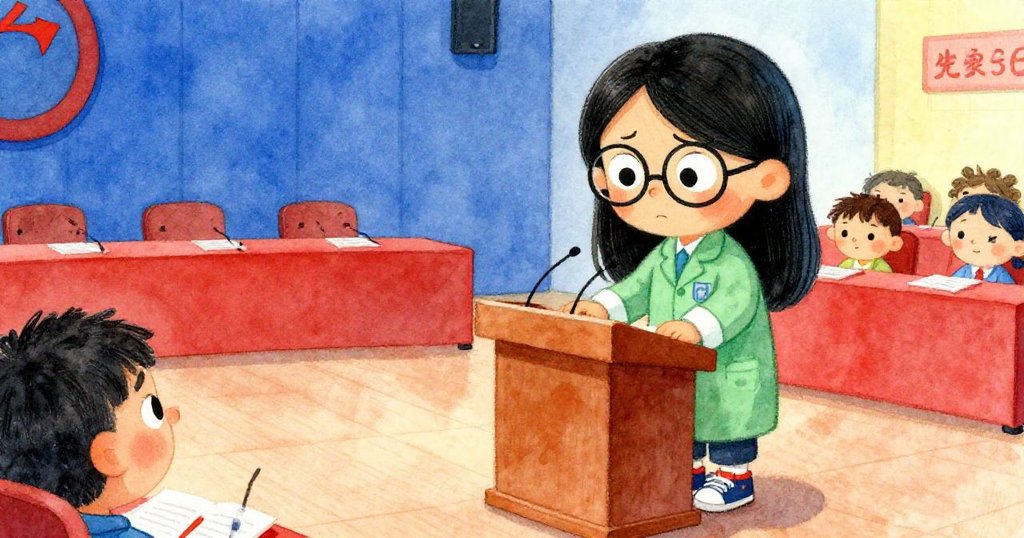 Mei nervously presenting at the conference podium - close-up whimsical illustration