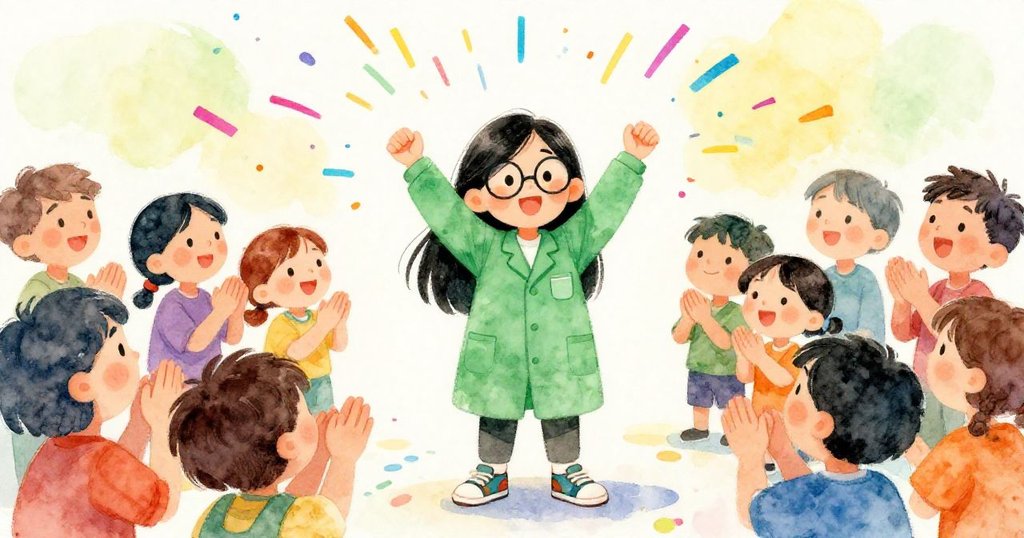 Mei celebrating her successful presentation amidst applause - joyful wide illustration