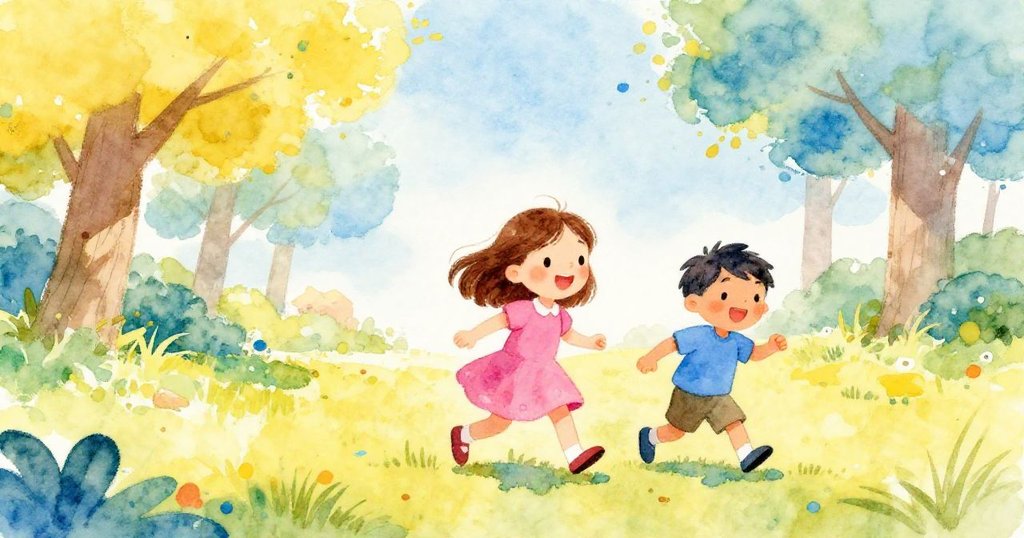 Mia and her brother joyfully walking in a sunny park - watercolor illustration