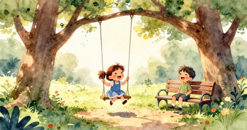 Close-up of a big tree with a swing in a sunny park - watercolor illustration
