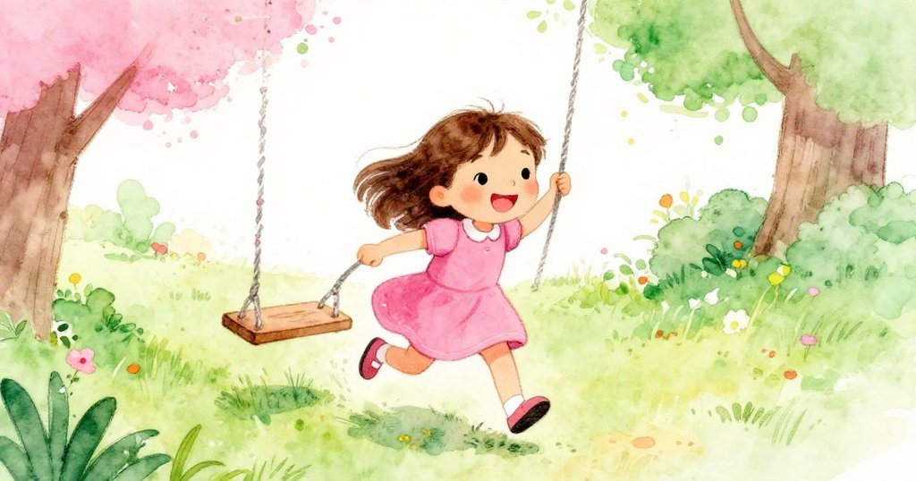 Mia joyfully running towards the swing in the park - mid shot watercolor illustration