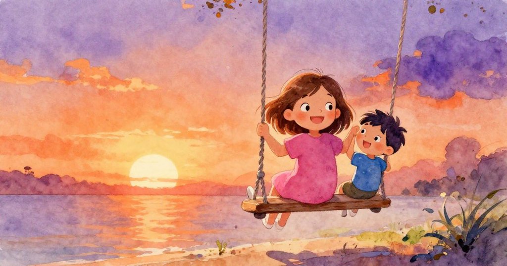 Mia swinging joyfully as the sun sets in the park - vibrant watercolor illustration