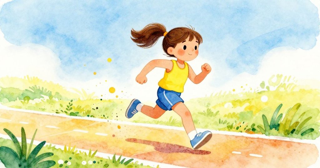 Mia joyfully jogging on a sunny track - vibrant watercolor illustration