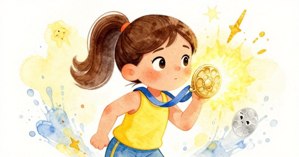 Mia imagining winning a medal while running - dreamy close-up illustration